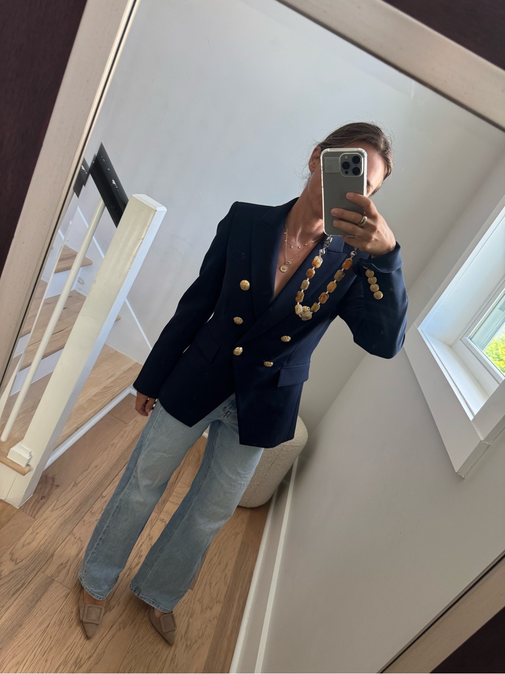 Veronica Beard Navy Double-Breasted Pea Coat with Gold Buttons